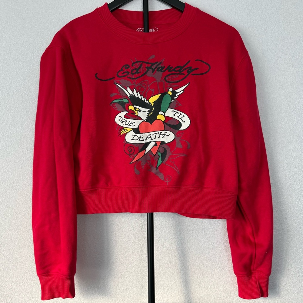 Ed Hardy Women's Red Cropped Graphic Sweatshirt Long Sleeve Casual Size M - Picture 3 of 11